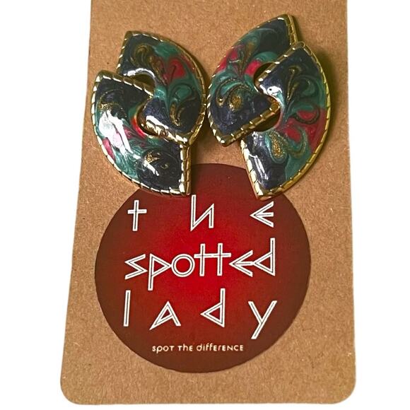 Vintage Colorful Statement Earrings 1980s Swirling Shimmering Enamel, Gold - Picture 5 of 8